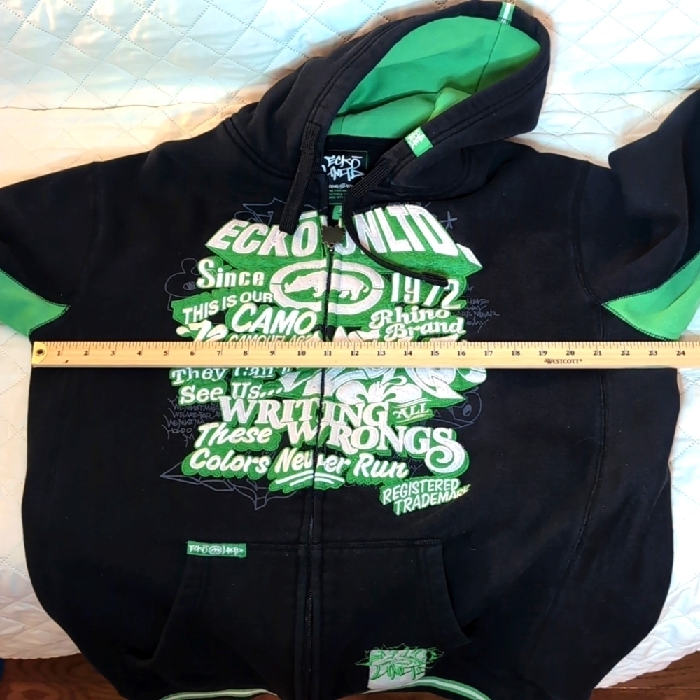 Y2K Ecko UnLimited Writing all Wrongs Men's Green/Black Hoodie Size L. - Picture 12 of 13